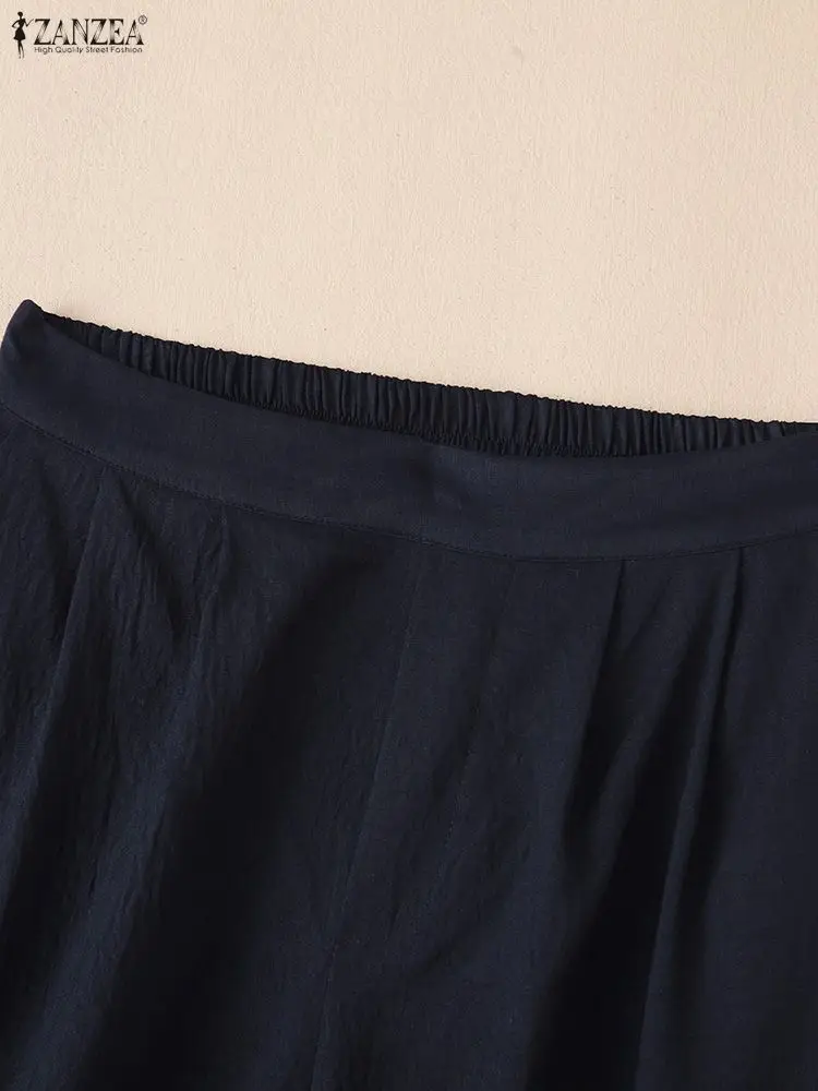 ZANZEA Pantaloni da donna a gamba larga con trama increspata 2025 Pantaloni a metà polpaccio in vita elastica autunnale tinta unita Abbigliamento casual quotidiano