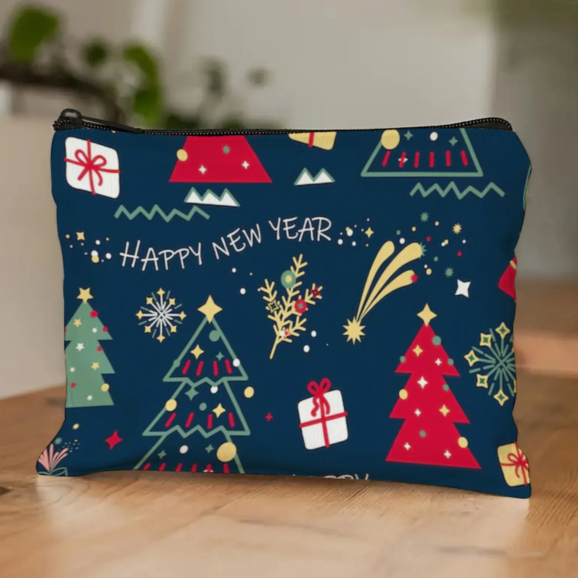 New Year & Christmas Celebration Cosmetic Bag Dual-Holiday Motifs with Gold Foil Accents for Festive Gatherings & Gift Exchanges