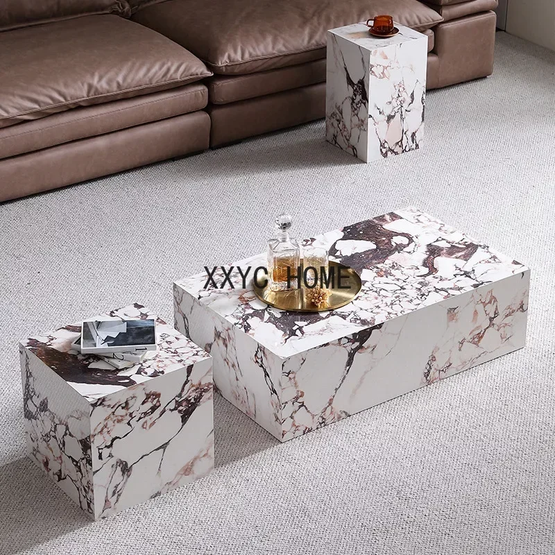 Light Luxury Italian Modern minimalist Living Room Household Rectangular Geometry Stone High Low Tea Table