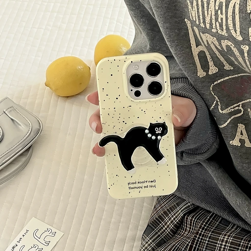 Simplicity Splash-ink Cute Cartoon Black Cat With Holder Cover Case For iPhone 15 14 13 12 11 Pro Max