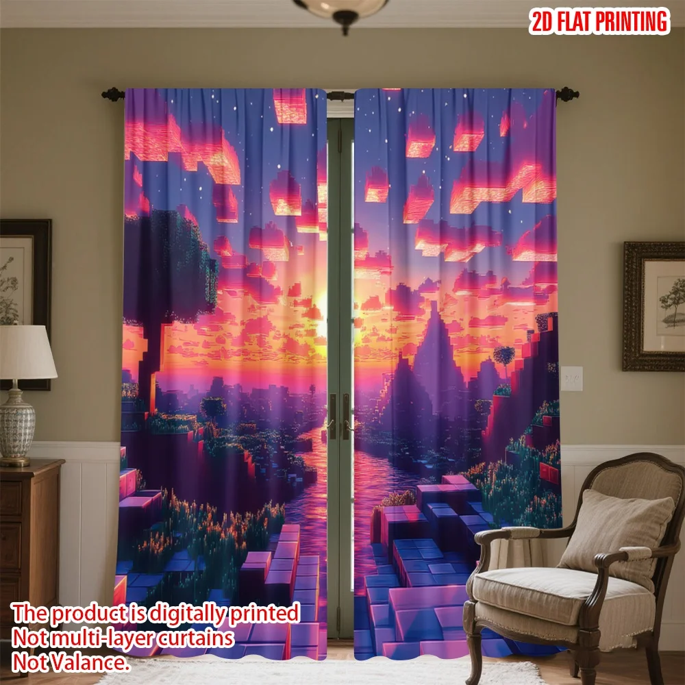 

2D flat printing 2pcs Scene Curtains Pixelated Sunset Landscape Digital Printed Polyester Drapes Holiday Decorations Use for