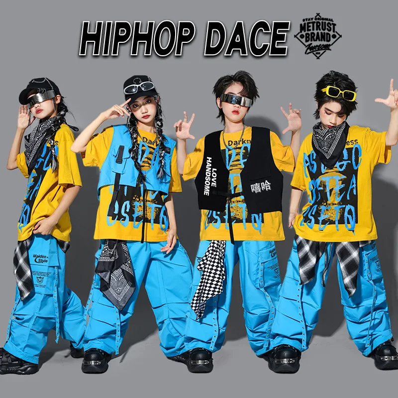 Boys Hip Hop Set Short-sleeve T-shirt Vest Cargo Pants Girls Jazz Street Dance Costume Children Clothes Kids K-pop Streetwear