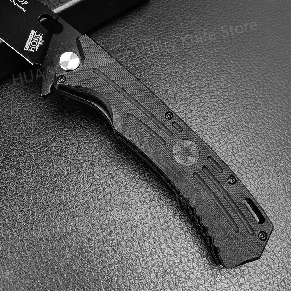 HOKC Five-Star Folding Knife D2 Blade G10 Handle Tactical Knife Outdoor EDC Pocket Knife Survival Hunting Cutting Camping Tool