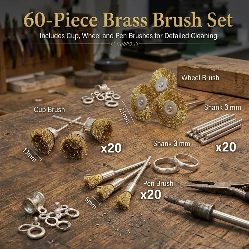 PHYHOO 60Pcs Brass Wire Brush Set for Rotary Tool Cleaning Polishing Removes Rust Corrosion Fits 3mm Shank for Metal Hardware De