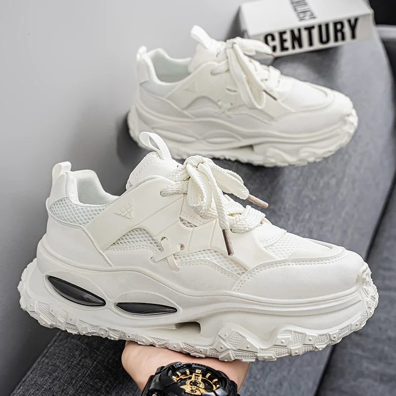 Men Sneakers Spring Summer Breathable Mesh Chunky Shoes Mixed Texture Thick Sole Retro Casual Streetwear Footwear