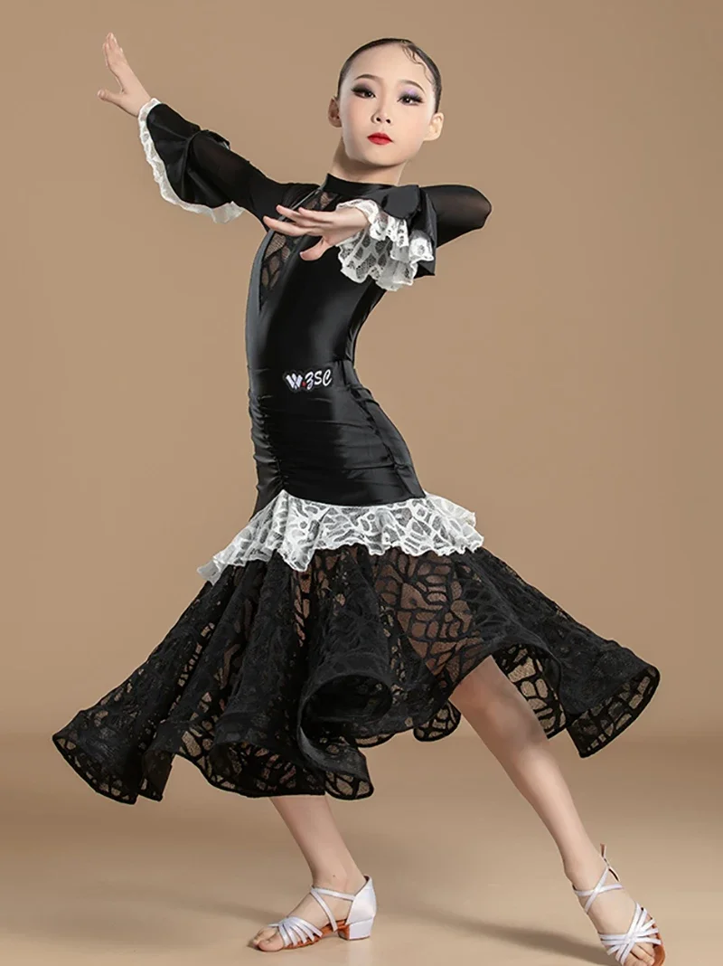 Kids Girls Modern Dance Children's Waltz Dance Bodysuit and Big Swing Skirt Competition Practice Performance Dancewear