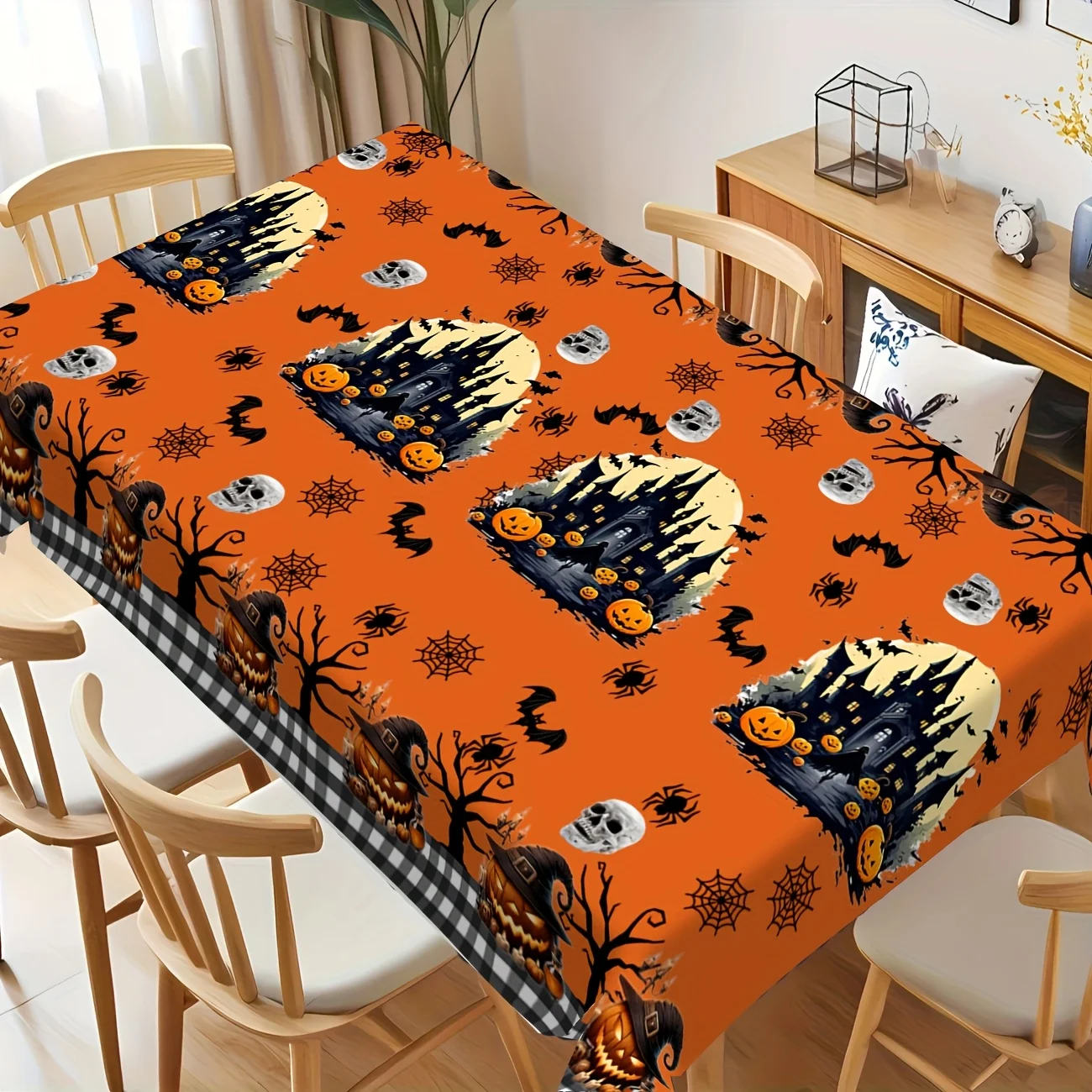 JIT - 1 piece of orange background patterned tablecloth, Halloween-themed artistic style, castle, batszyc
