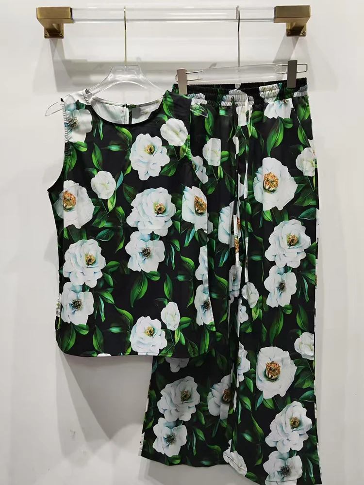 

Жилет без рукавов с винтажным принтом и круглым вырезом, топ из двух предметов, летняя женская одежда 2025 г. + широкие брюки с высокой талией, модный костюм