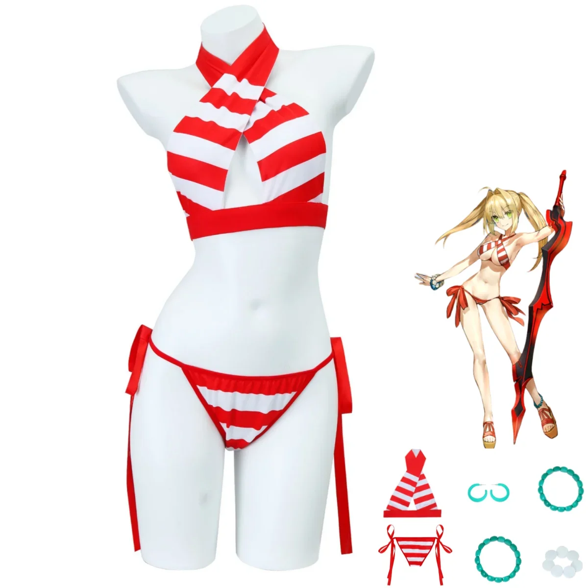 

Game Fate/Grand Order Nero Claudius Cosplay Costume Red White Stripe Swimsuit Summer Bikini Woman Sexy Sandy Beach Suit coscos