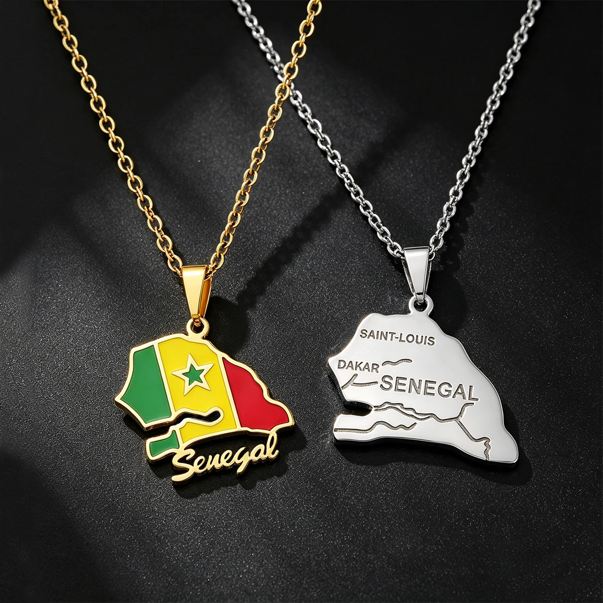 Fashion Stainless Steel Senegal Map Flag Pendant Necklace for Men Women Gold Silver Color Maps Jewelry Gift