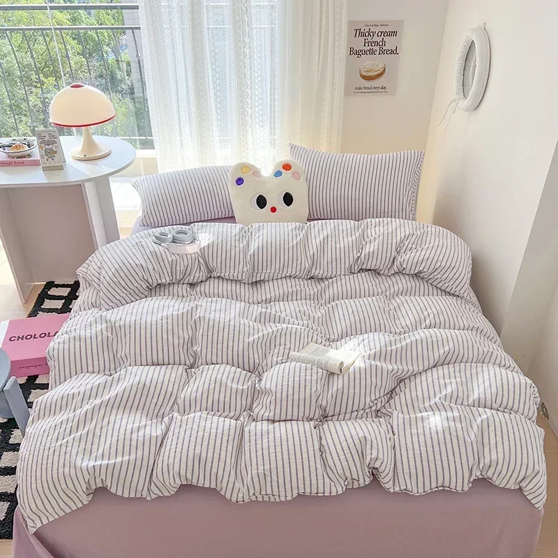 Simple Pink Stripe Bedding Set Washed Cotton Bed Flat Sheet Pillowcase Full Queen Bed Linen Adult Kids Duvet Cover Set No Filler