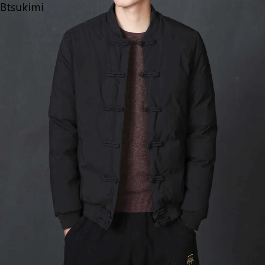 New 2025 Winter Men's Chinese Style Parkas Casual Retro Black Coat for Men Fashion Chinese Knot Buttons Vintage Cotton Clothes