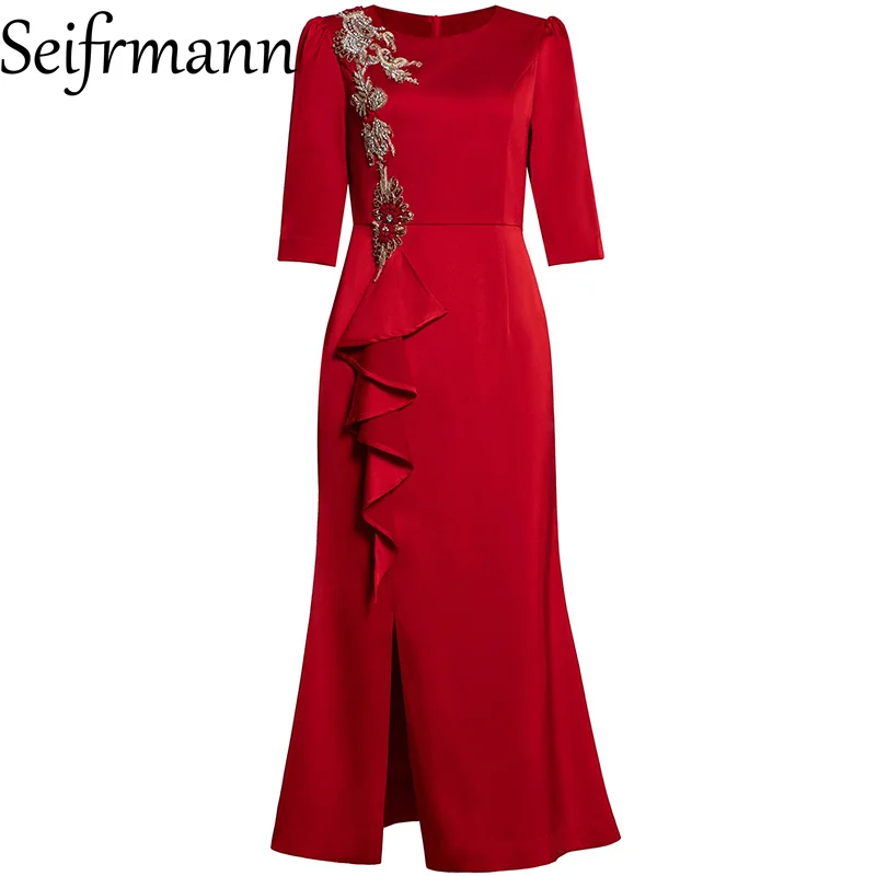 فستان Seifrmann أوائل الخريف 2025 فستان أبيض جديد بطول جانبي من أوراق اللوتس الماسية