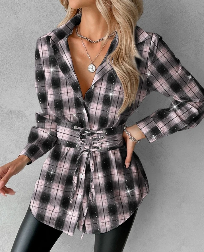 Fashion Woman Blouse 2024 Spring Plaid Print Eyelet Lace-Up Front Rhinestone Turn-Down Collar Long Sleeve Casual Daily Shirt Top