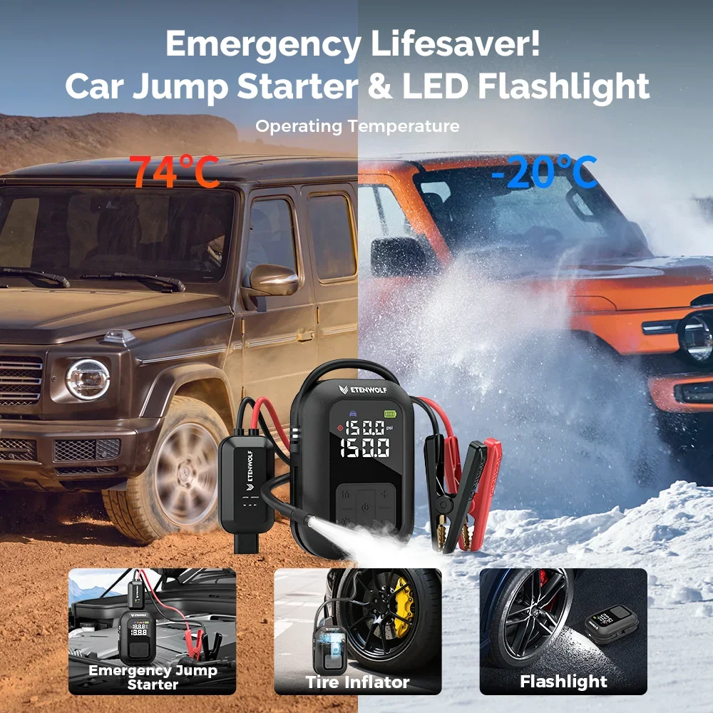 ETENWOLF X5 PRO 2-in-1 ضاغط هواء محمول ومبتدئ الانتقال، بطارية 6000 مللي أمبير في الساعة، 160 رطل لكل بوصة مربعة، 4 أوضاع محددة مسبقًا للسيارة/الشاحنة/الدراجة/الكرة #4