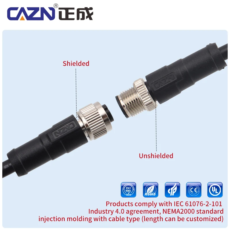 IP65 M12 Overmolded Un-shielded Plug 2/3/4/5/6/8/12/17 Pins A-code PVC PUR IP67 Sensor Connector Plug