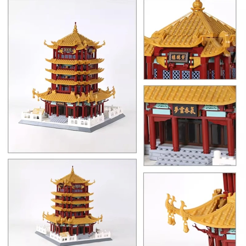 SEMBO gele kraantoren bouwstenen met de hand geassembleerde architectonische modellen van vier beroemde gebouwen, trendy speelgoed en ornamenten