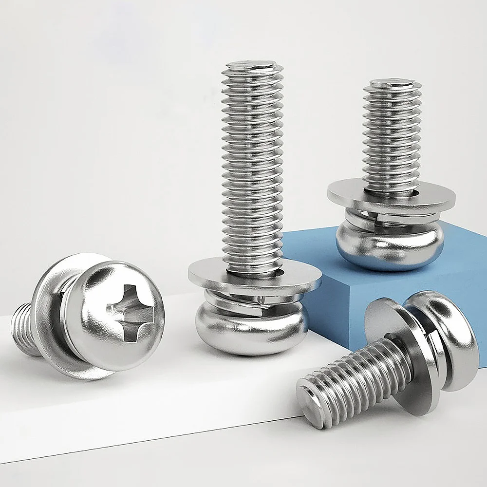 304 Stainless Steel pan head Pre-assembled Screw with Washer Spring Washer Phillips bolts for Electronic Furniture Machinery