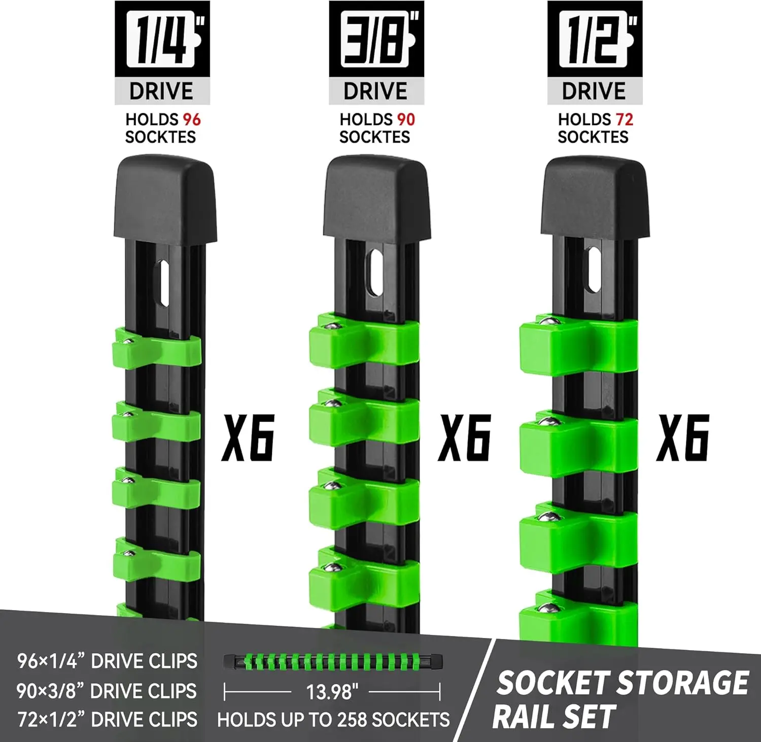 Socket Organizer Drive ABS Tools - Green Socket Holder, Premium Quality 18 Pieces Socket Holders Kit 1/4-Inch x 96 Clips, 3/8-In