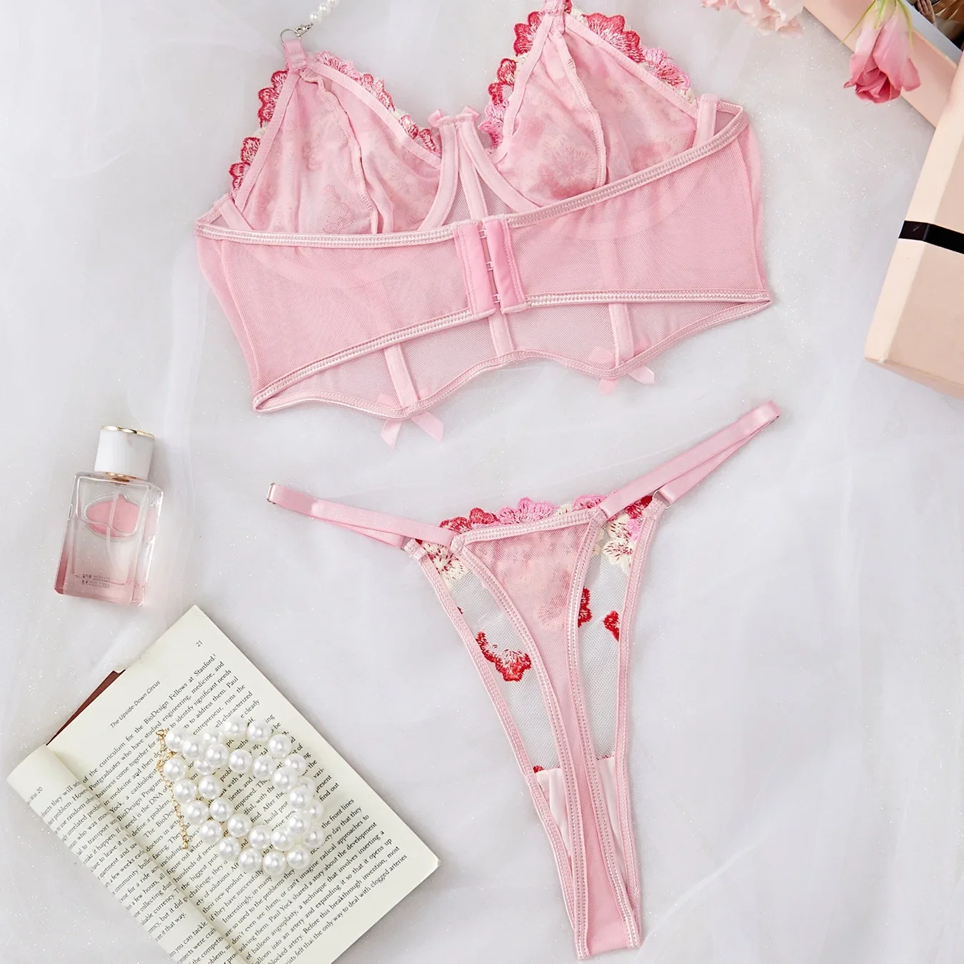 Ensemble de Lingerie Sexy en Dentelle Rose pour Femme, en Maille, Couleur Unie Trempée, Broderie de Fleurs, NikTransparent