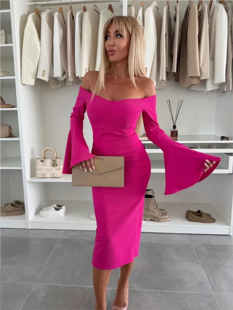 

New Spring Summer Solid Color Fashion One Piece Neck Sexy Off Shoulder Slimming Bag Hip Horn Sleeve Dress For Women
