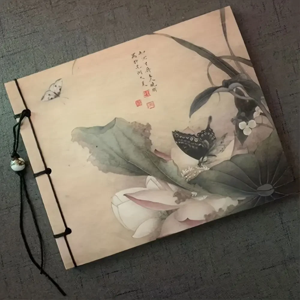 Ancient Style Sketchbook Lotus Tassel Vintage Line-bound Notebook 70 Sheets Handmade Paper Art Drawing Journal Gift for Artist