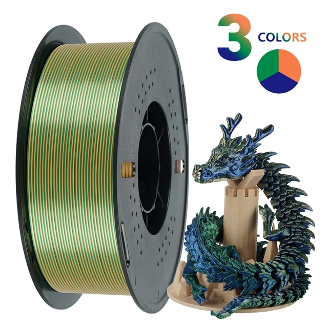 KINGROON Zijde PLA-filament 1,75 mm 1 kg, driekleurige tweekleurige 3D-printerfilament Glanzend verbruiksartikelen 2,2 lbs spoel, voor FDM 3D-printer