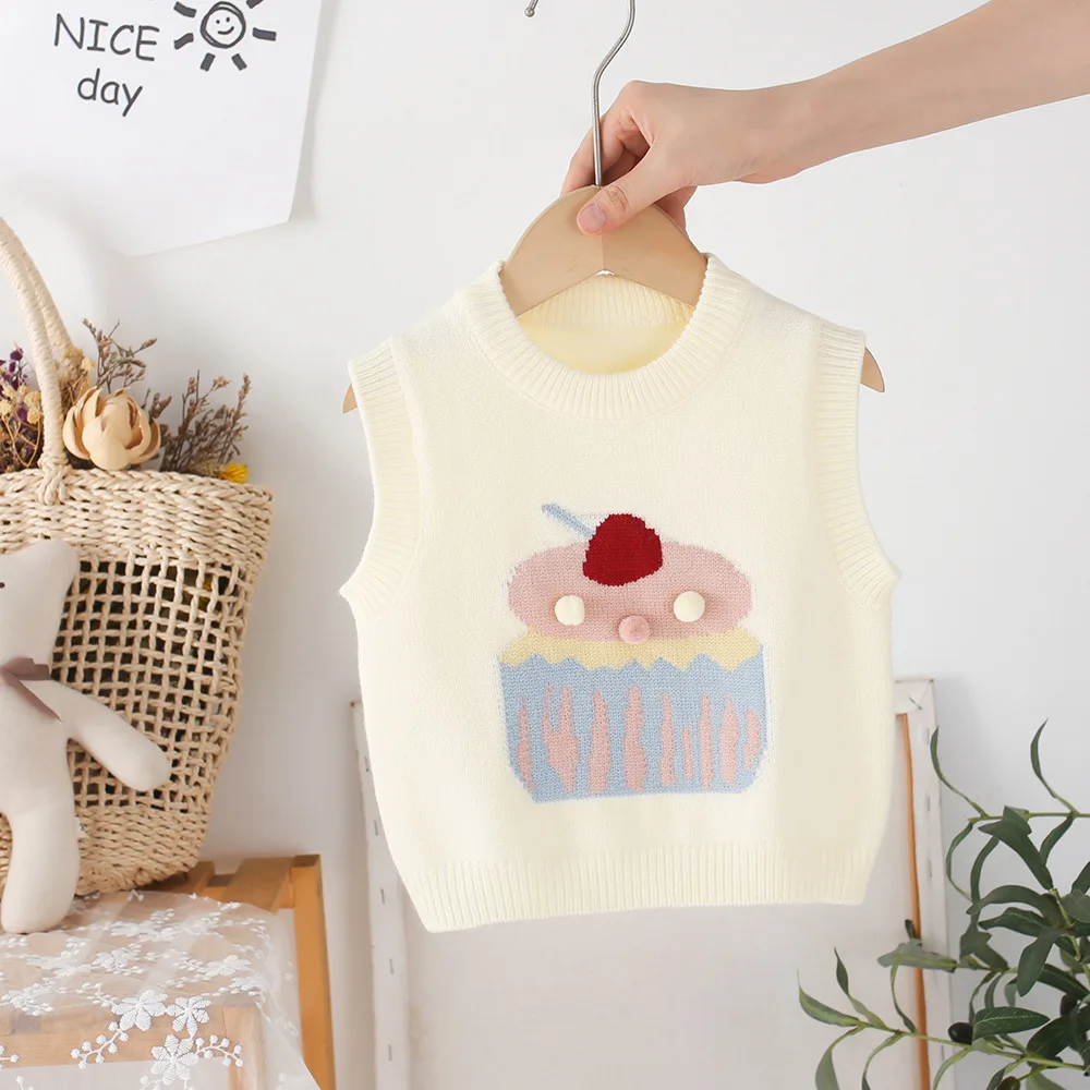 Sweet Baby Girls Knitted Vest Spring Autumn Sleeveless Cartoon Casual Tops Toddler Girl Pullover Sweater Knitwear