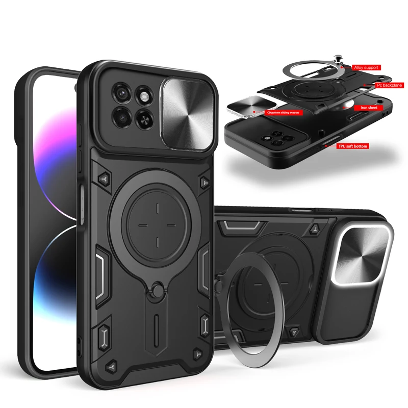 Etui na telefon Armor Slide Camera Funda For Itel S23 Plus A60 A60S A70 RS4 4G Car Magnet Holder Ring Stand Back Cover Phone Shell