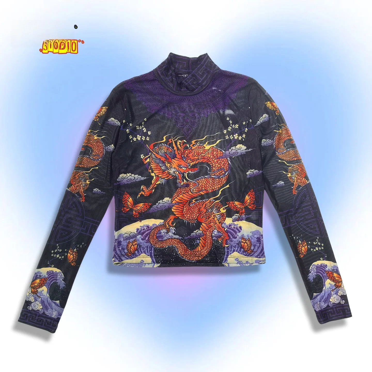 Limited Edition Punk Style Dragon Print Mesh Long Sleeve T-Shirt Sexy Girl Fashion Standard Fit Polyester Spandex Blend Short...