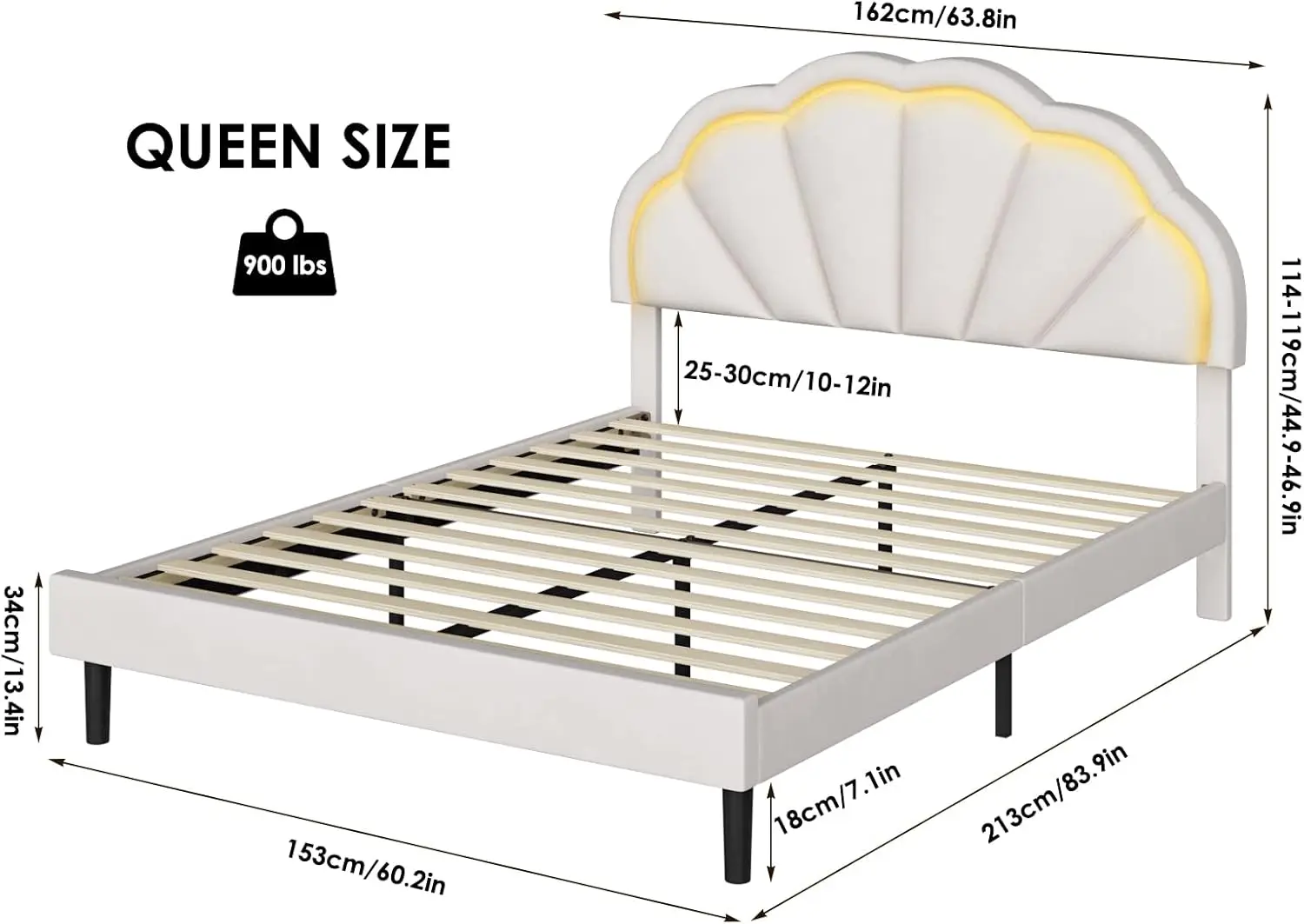 Estrutura de cama LED inteligente estofada Queen com cabeceira de pétalas chique ajustável, estrutura de cama de plataforma macia princesa queen size