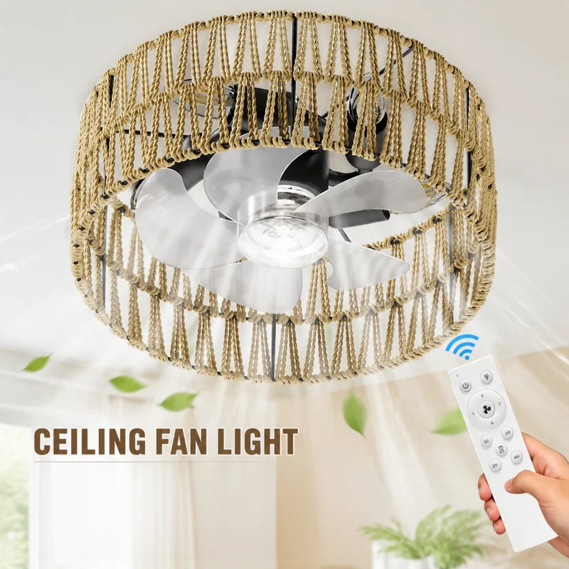 E27 Ceiling Fan Light 30cm Bohemian Rattan Vintage LED Fan Lamp with Remote Control for Living Room Bedroom Tea Room Lighting