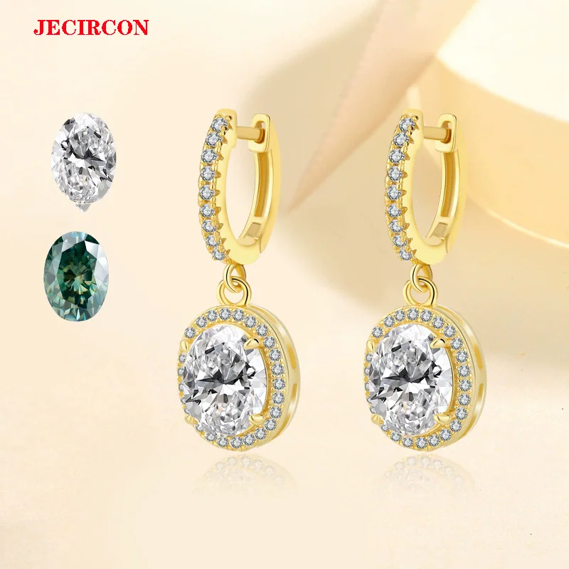 

JECIRCON S925 Sterling Silver Oval Moissanite Earrings, 1CT/2CT White/Green Moissanite Drop Earrings, Luxury Sparkling Exquisite