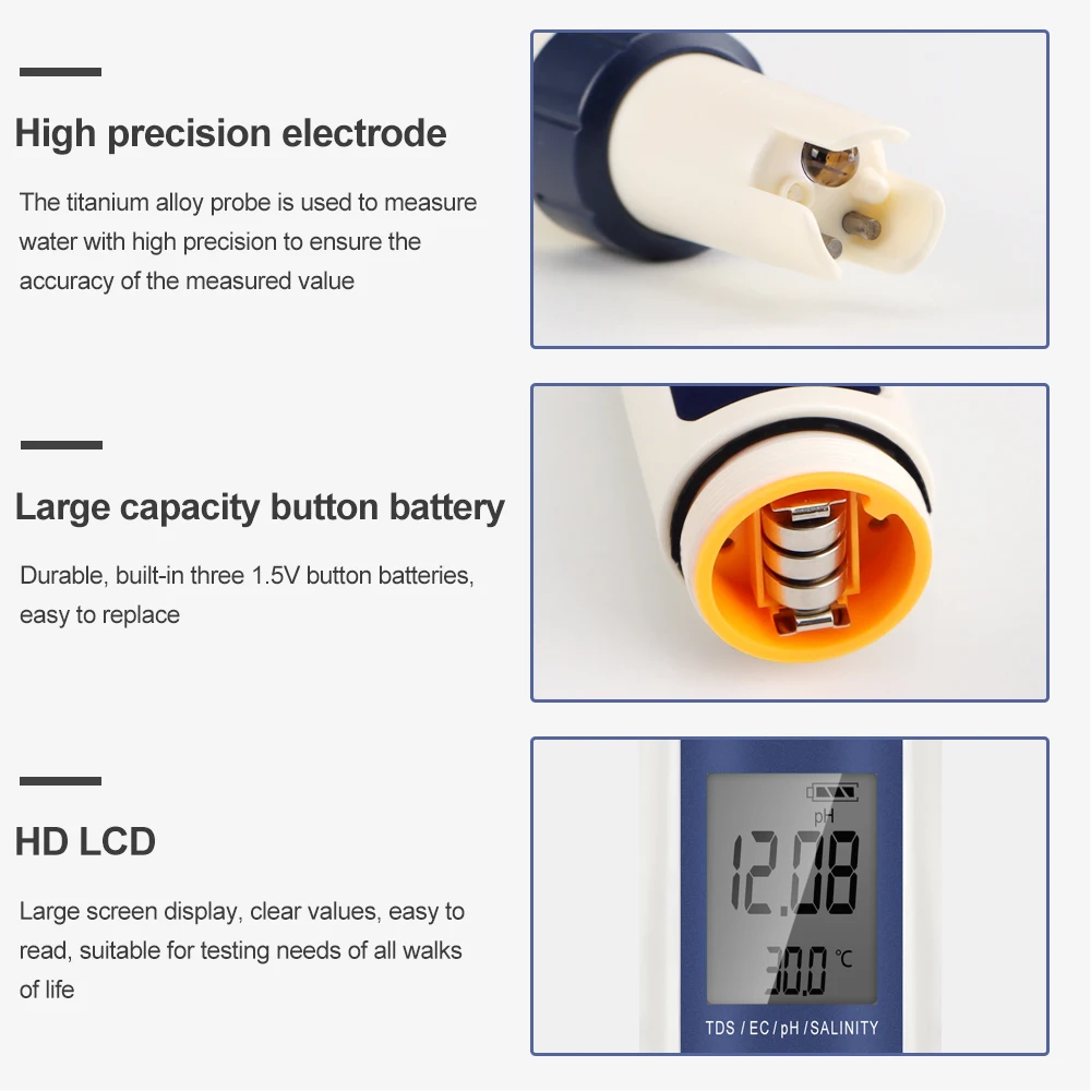 5 In 1 Digital PH TDS EC Meter Pen Tester di temperatura di salinità purezza del filtro di conducibilità con retroilluminazione per l\'acqua