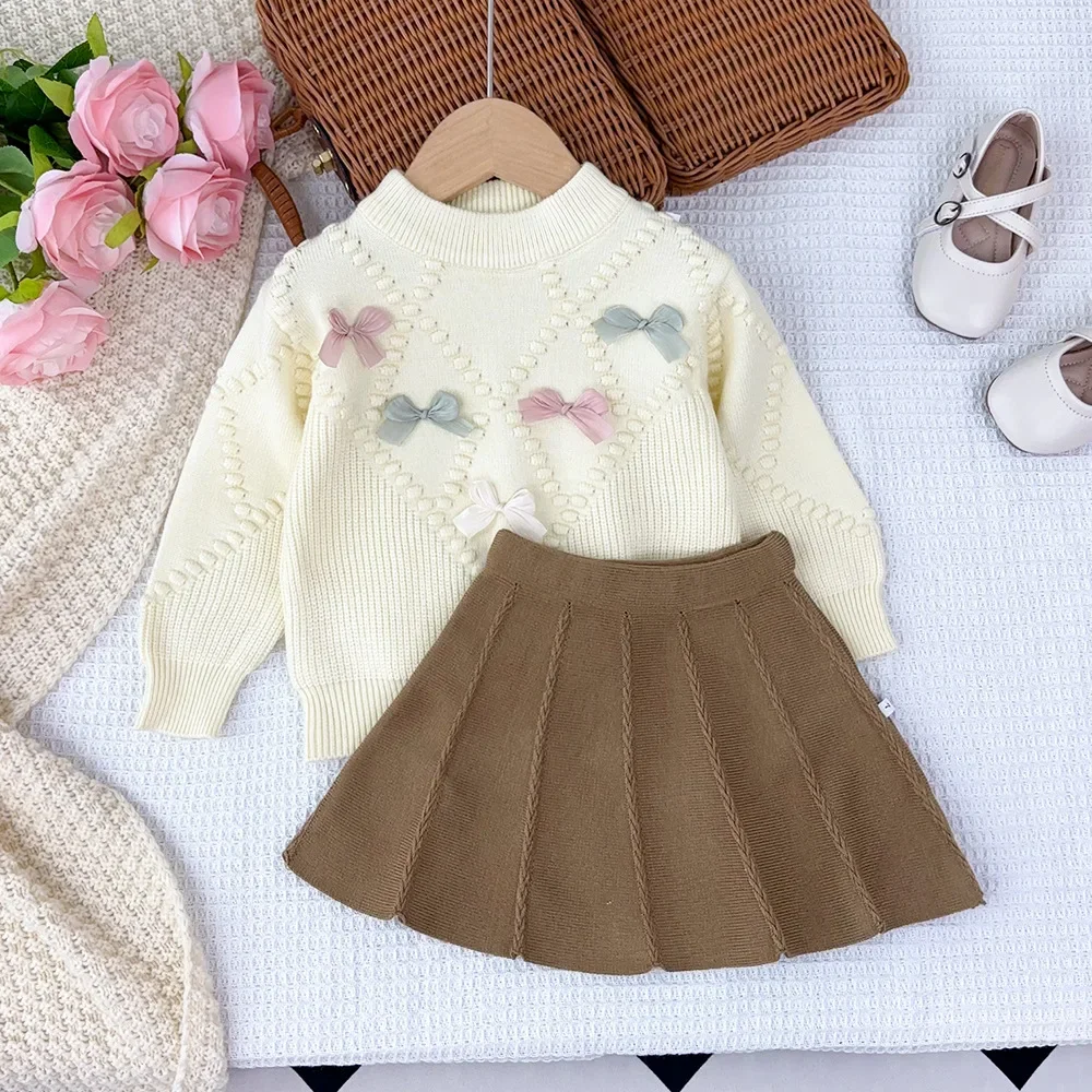 

Girl Two Piece Set Autumn Winter 2024 New Three-dimensional Bow Sweater Knitting Pleated Skirt Princess Lovely Cute Soft Comfort