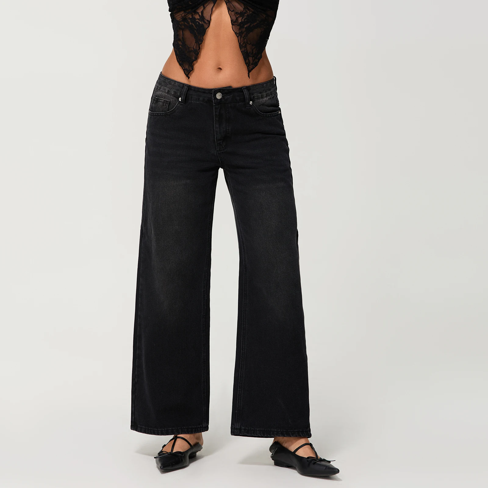 

Fashion Women Spring Jeans Loose Fit Casual Solid Color Low Rise Wide Leg Denim Pants with Pockets