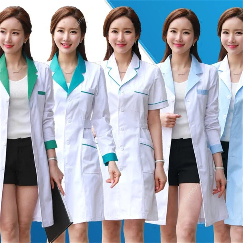 Abrigo de laboratorio para mujer, uniformes médicos de moda, Chaqueta larga con cinturones laterales, Manga corta/manga larga, ropa de trabajo, abrigo blanco para farmacia