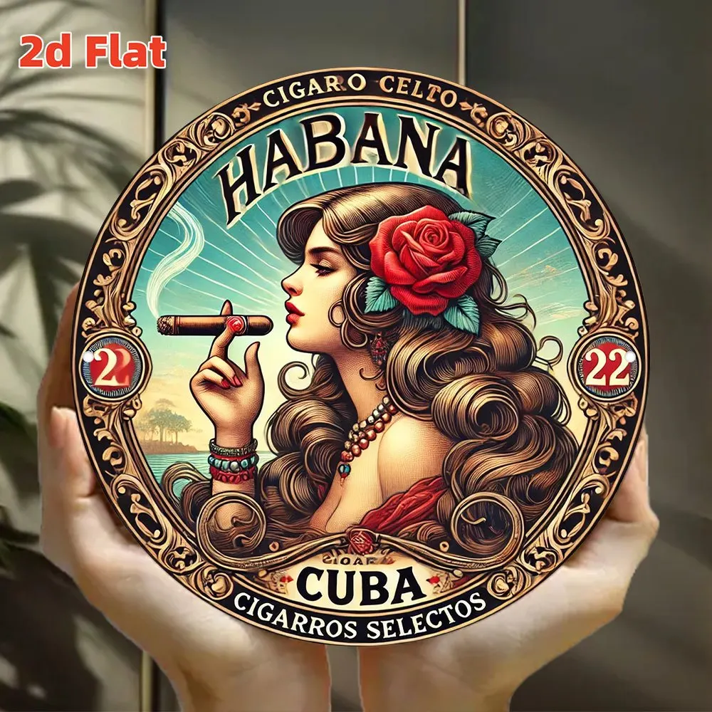 2D Flat, 1pc Vintage Havana Cigar Label Metal Sign - Cuban Cigar Decor with Women & Havana Text - Heavy-Duty Iron Construction -