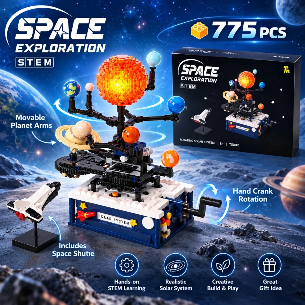 Rotating Solar System Globe Blocks, Gear Linkage Cosmic Space Exploration Model Toy, Science Educational Holiday Gift