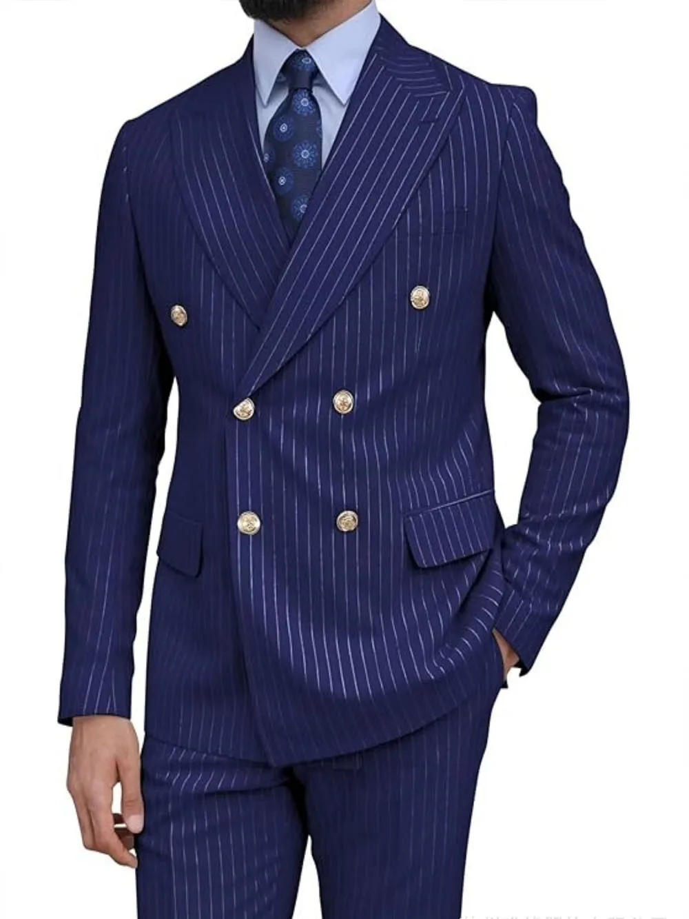 بدلات رجالية مخططة سوداء 2 قطعة طية صدر السترة مزدوجة الصدر ملابس رجالية للحفلات الراقصة وحفلات الزفاف الأنيقة (سترة + بنطلون) فستان العريس