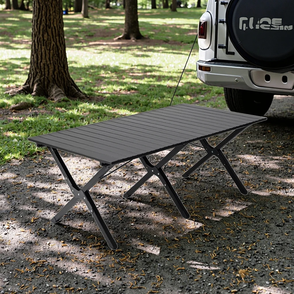 Juego de mesa y sillas portátil para acampar al aire libre, mesa de Picnic plegable de Metal con diseño de rollo de huevo completo para campistas