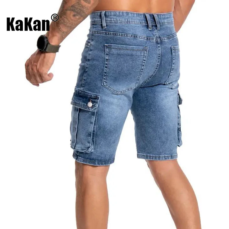 Kakan-y2k Nuevos pantalones vaqueros cortos de verano para hombres, pantalones vaqueros microelásticos con múltiples bolsillos, pantalones vaqueros casuales de 5 direcciones para hombres