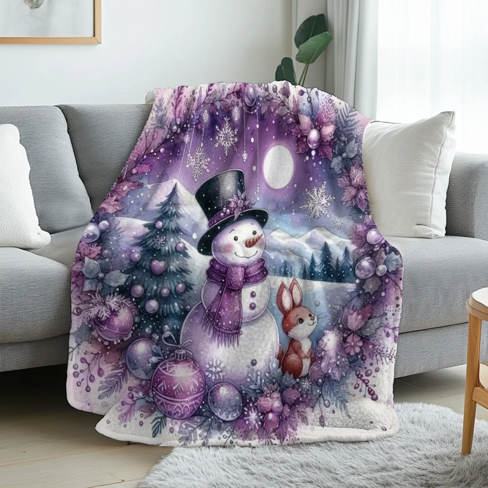 1 Stück Winter-Flanelldecke mit Schneemann und Kaninchen – weiche 280 g/m2 Plüsch-Tagesdecke mit Aquarell in Pastellrosa/Lila/Grün/Rosa