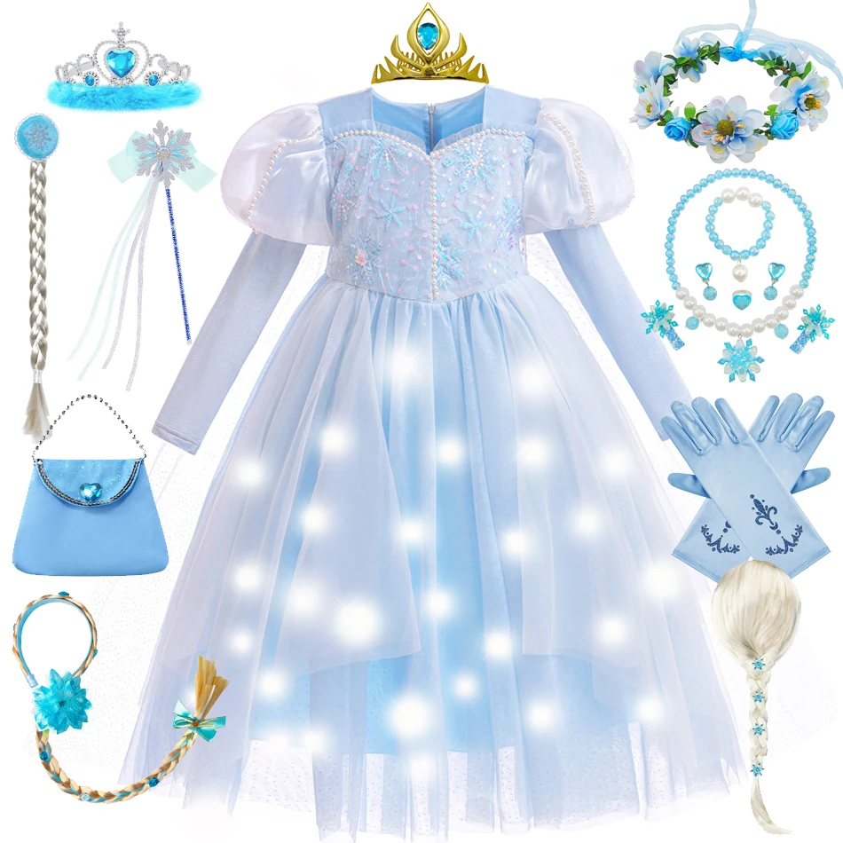 

Kid Girl Elsa Dress LED Light Snow Queen Cosplay Princess Costumes Halloween Carnival Winter Sequins Halloween Party 6T