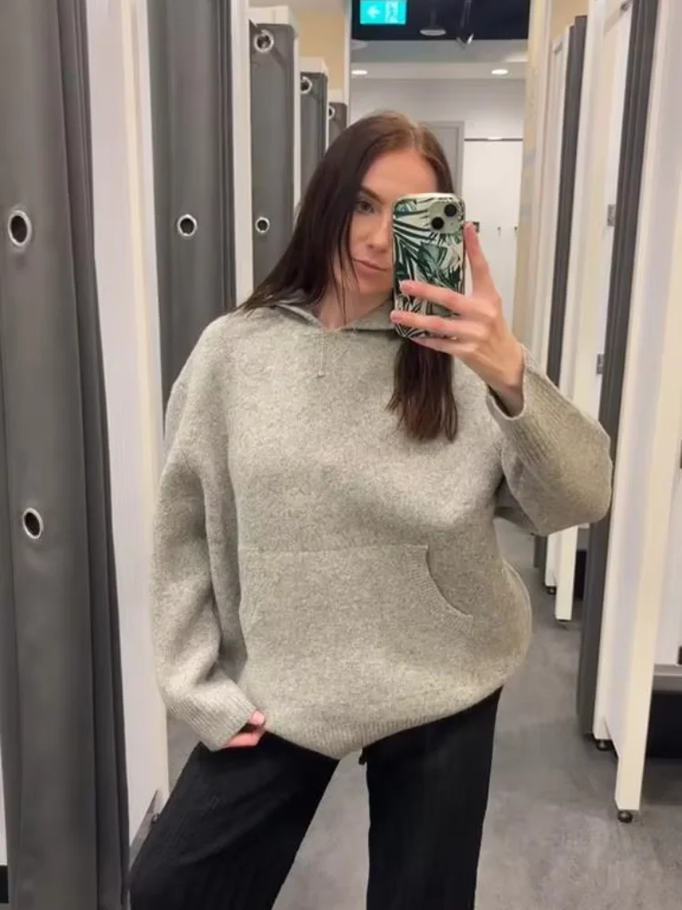 سترة نسائية محبوكة بقلنسوة غير رسمية متطابقة تمامًا مع سترة خضراء فضفاضة بأكمام كاملة وجيب للسيدات بلوفر نسائي للخريف والشتاء