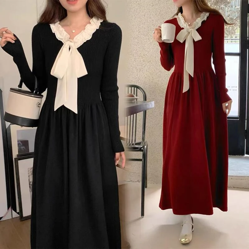 2024 Autumn Pregnant Woman Knitted Dress Long Sleeve Bowknot Collar Maternity Empired Party Dress Elegant Pregnancy Basic Dress