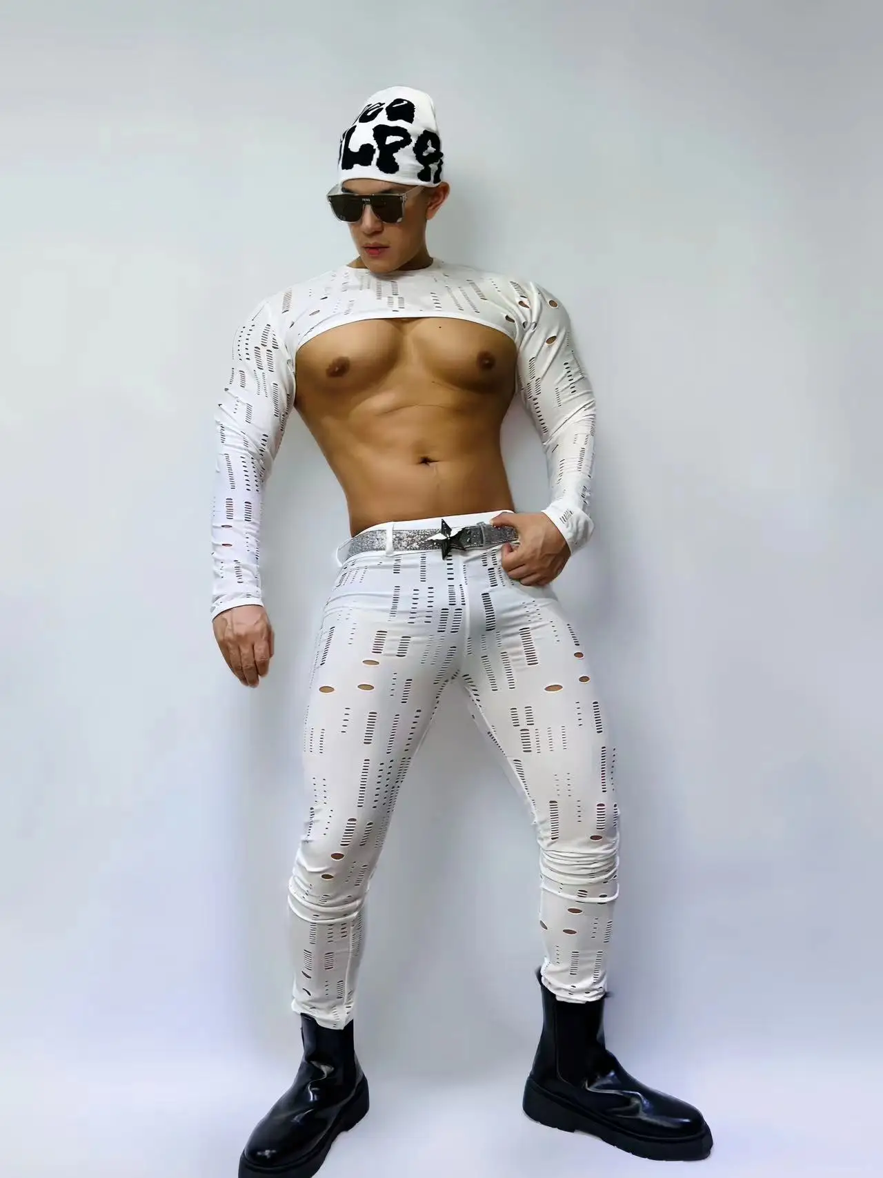 Male Gogo Dance Clothing White Tops Stretch Tights Nightclub Bar Pole Dance Costume Sexy Dancer Performance Stage Wear VDB7254