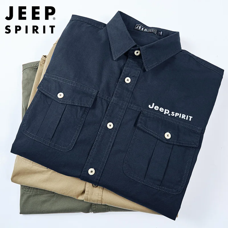 JEEP SPIRIT men casual long-sleeved shirt fashion all-match solid color loose large size youth business square collar simple top