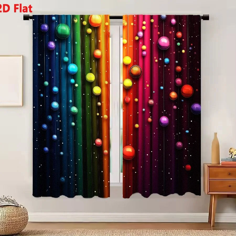 2Pcs Curtains 2D Flat Vibrant Abstract Composition With Glossy Spherical Orbs In Vertical Columns And Colorful Spectrum Backgrou