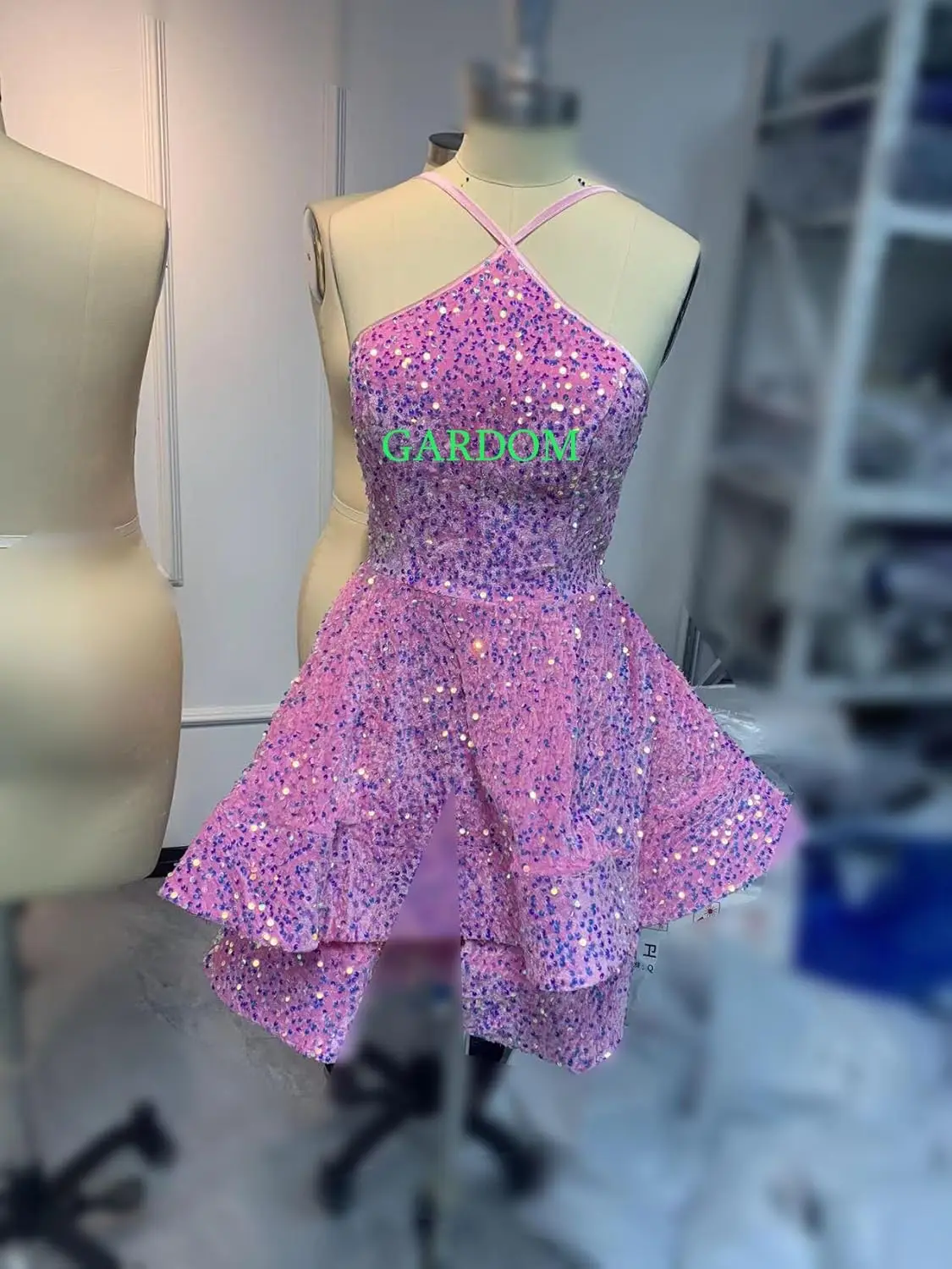 Vestidos de baile de lantejoulas em camadas, alça espaguete, curto, brilhante, vestido de baile para adolescentes, linha, vestido de coquetel, vestidos de coquetel